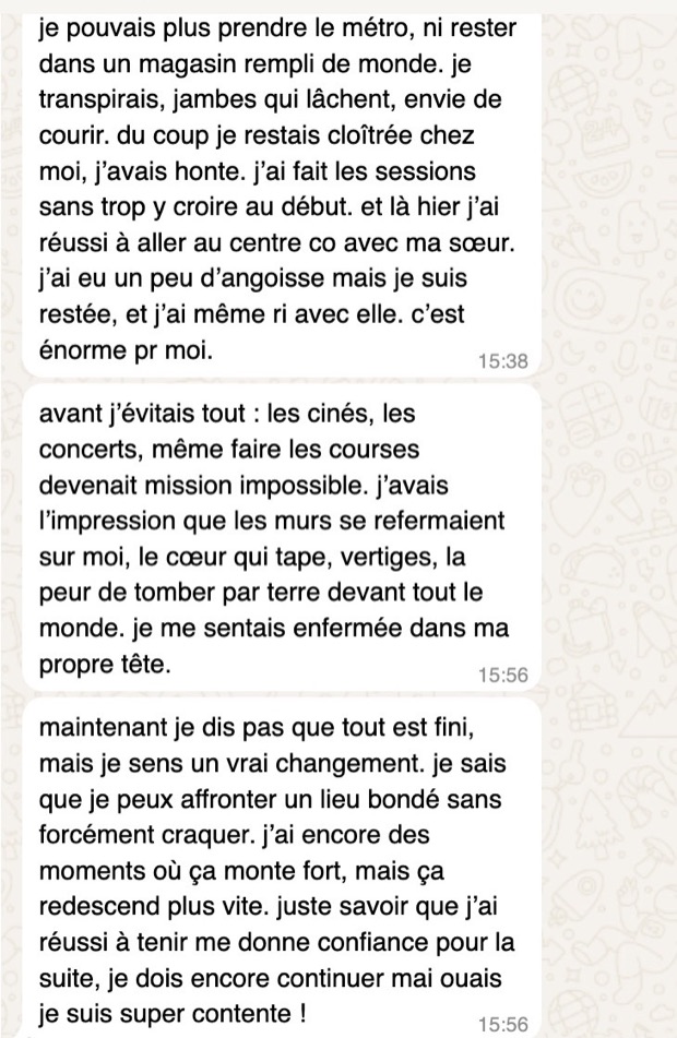 Message de Mélanie sur WhatsApp : elle ne pouvait plus prendre le métro ni rester dans un magasin, elle est retournée au centre commercial avec sa sœur et y est restée.