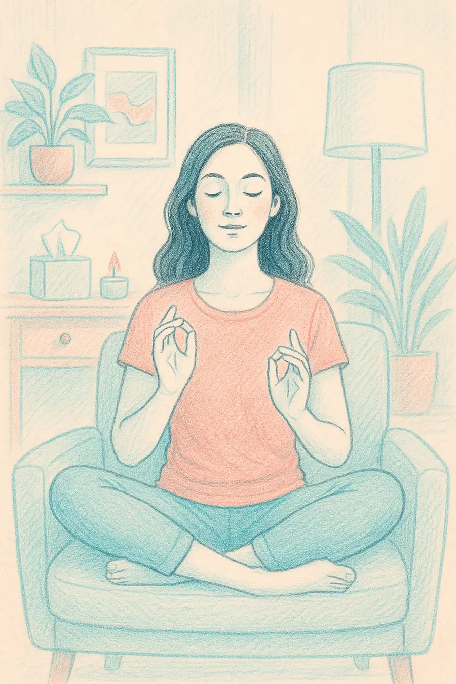 Illustration au crayon d'une femme assise en tailleur dans un fauteuil, les yeux fermés, apaisée