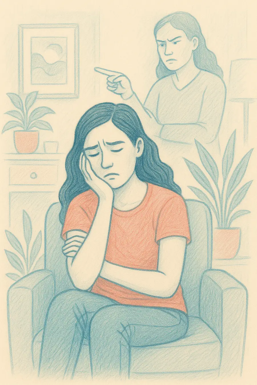 Illustration au crayon d'une femme accablée dans un fauteuil, une silhouette critique pointée vers elle