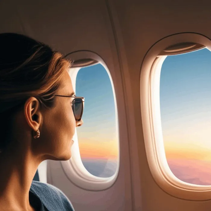 Une femme regarde le coucher de soleil par le hublot d'un avion